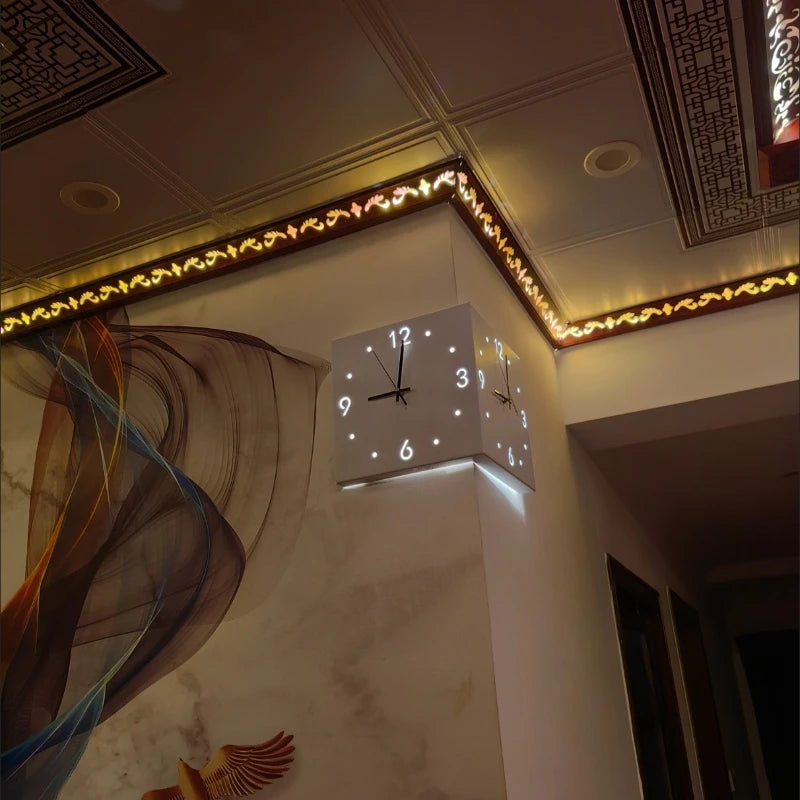 Two-way Wall Clock with Corner, Two-sided Wall Clock, Inductive Luminous White/pink Silent Wall Clock