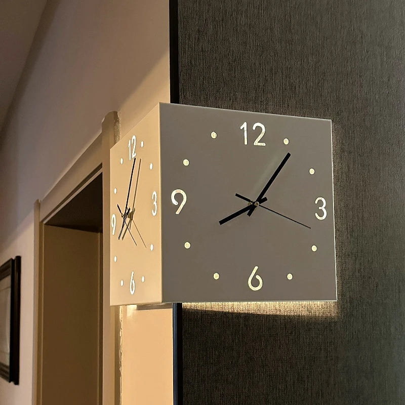 Two-way Wall Clock with Corner, Two-sided Wall Clock, Inductive Luminous White/pink Silent Wall Clock